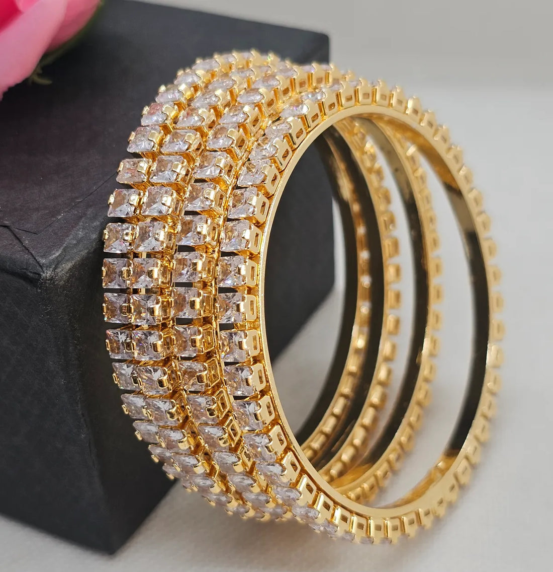 Gold-Plated Premium Square CZ Studded Broad Bangle for Women