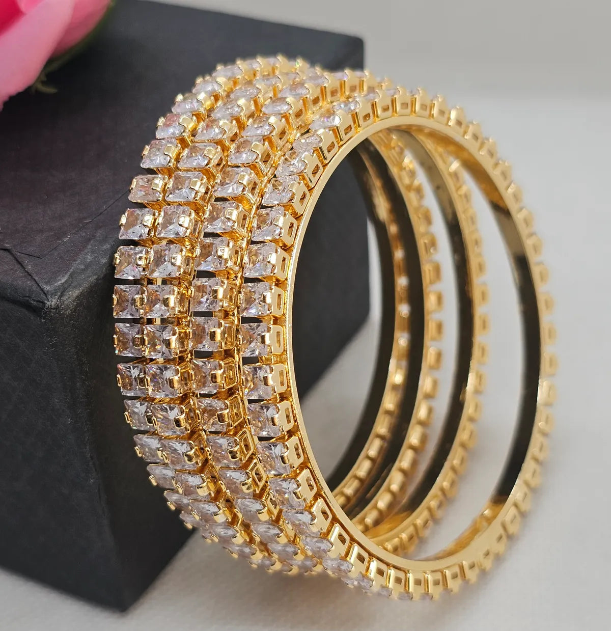 Gold-Plated Premium Square CZ Studded Broad Bangle for Women