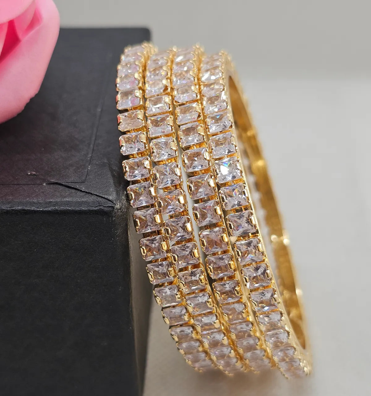 Gold-Plated Premium Square CZ Studded Broad Bangle for Women