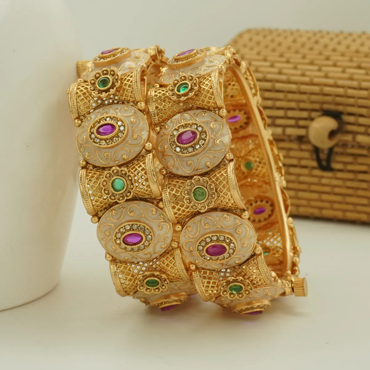 Antique Gold Plated Heavy Bridal White Meenakari Green and Pink Stone Bangle Set