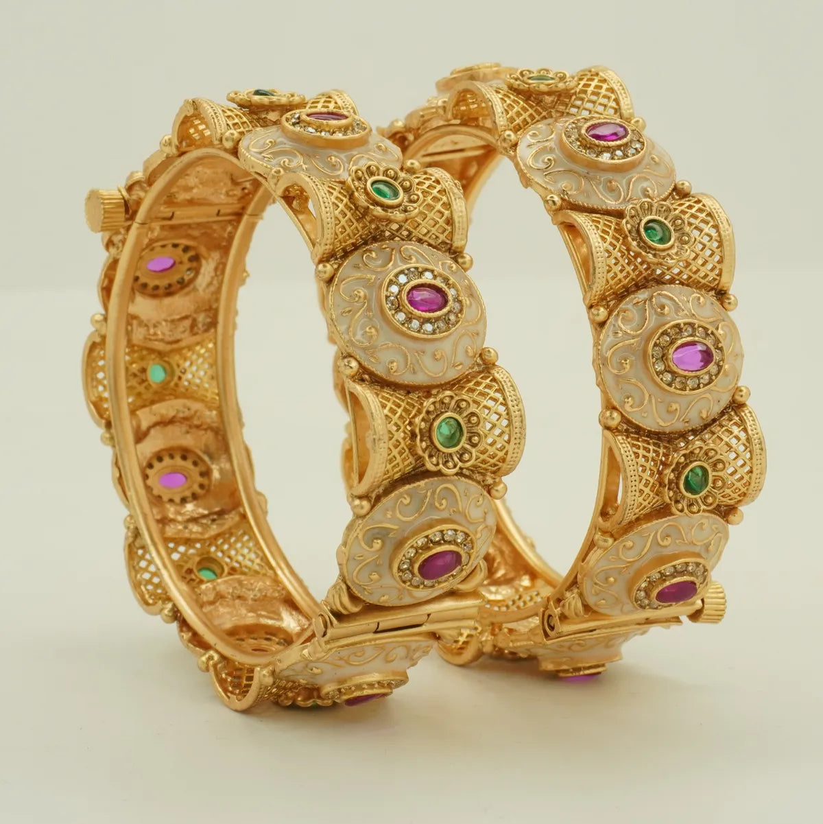 Antique Gold Plated Heavy Bridal White Meenakari Green and Pink Stone Bangle Set
