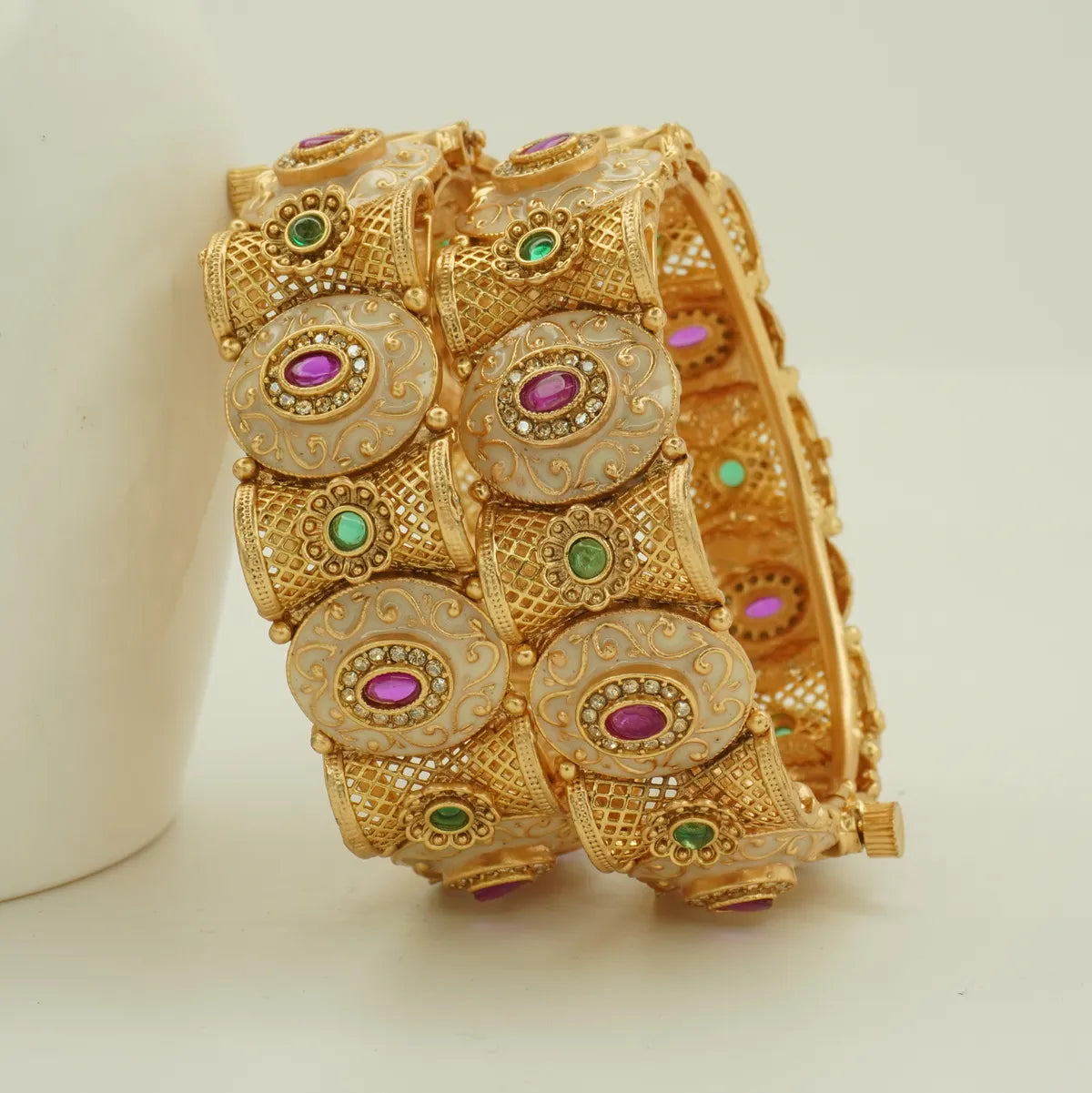 Antique Gold Plated Heavy Bridal White Meenakari Green and Pink Stone Bangle Set