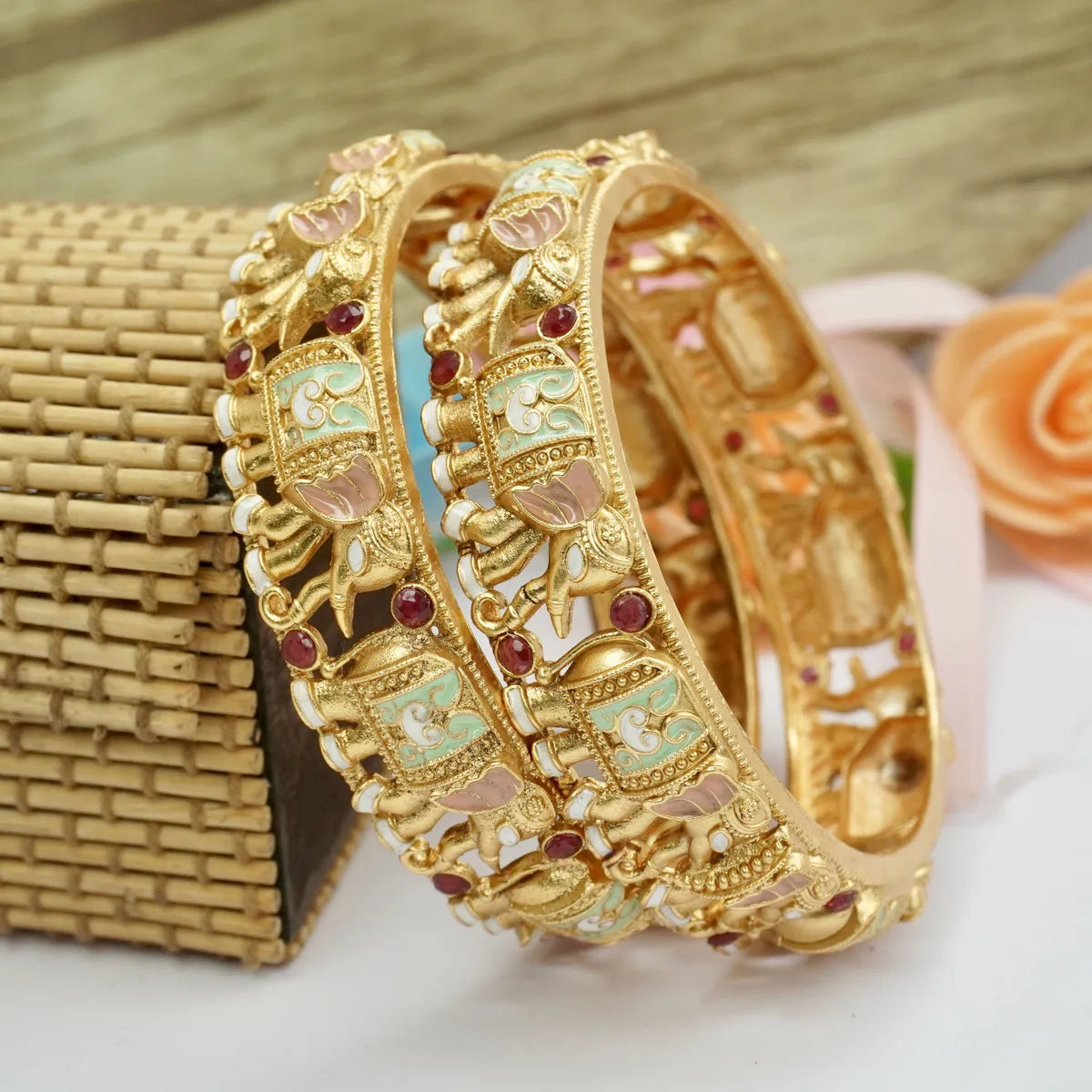 Gold Plated Elephant Shaped Ruby Meena Designer Bangles Set (2 Pcs)