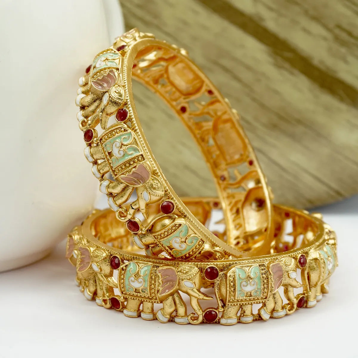 Gold Plated Elephant Shaped Ruby Meena Designer Bangles Set (2 Pcs)