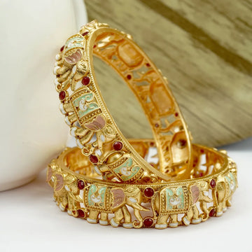 Gold Plated Elephant Shaped Ruby Meena Designer Bangles Set (2 Pcs)