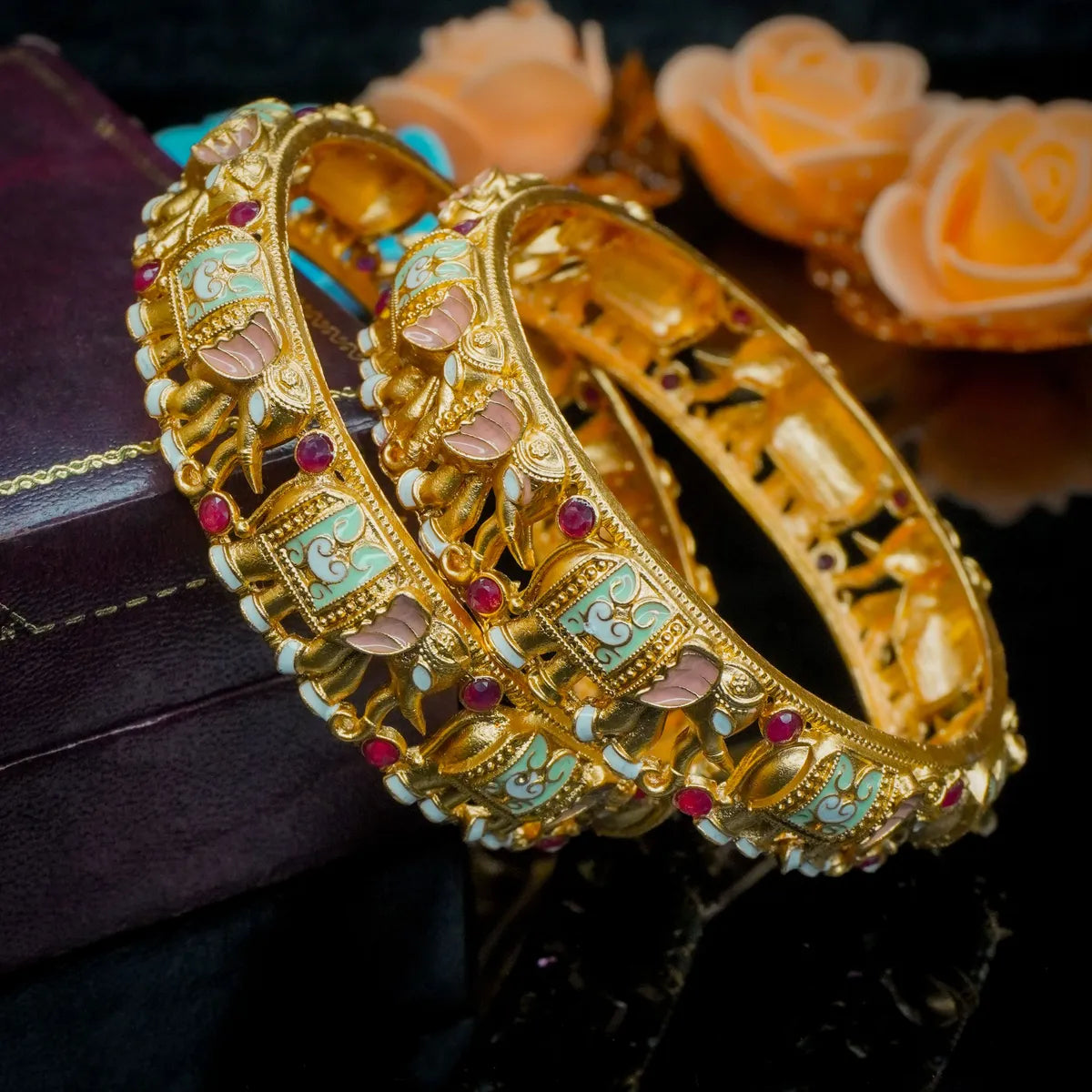 Gold Plated Elephant Shaped Ruby Meena Designer Bangles Set (2 Pcs)