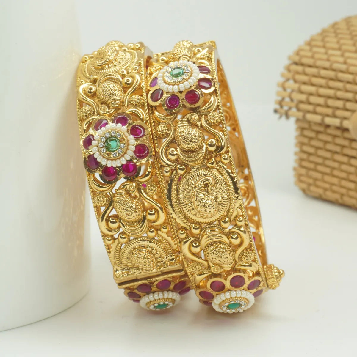 Gold Plated Temple Design Ruby Green Floral Bangles Set