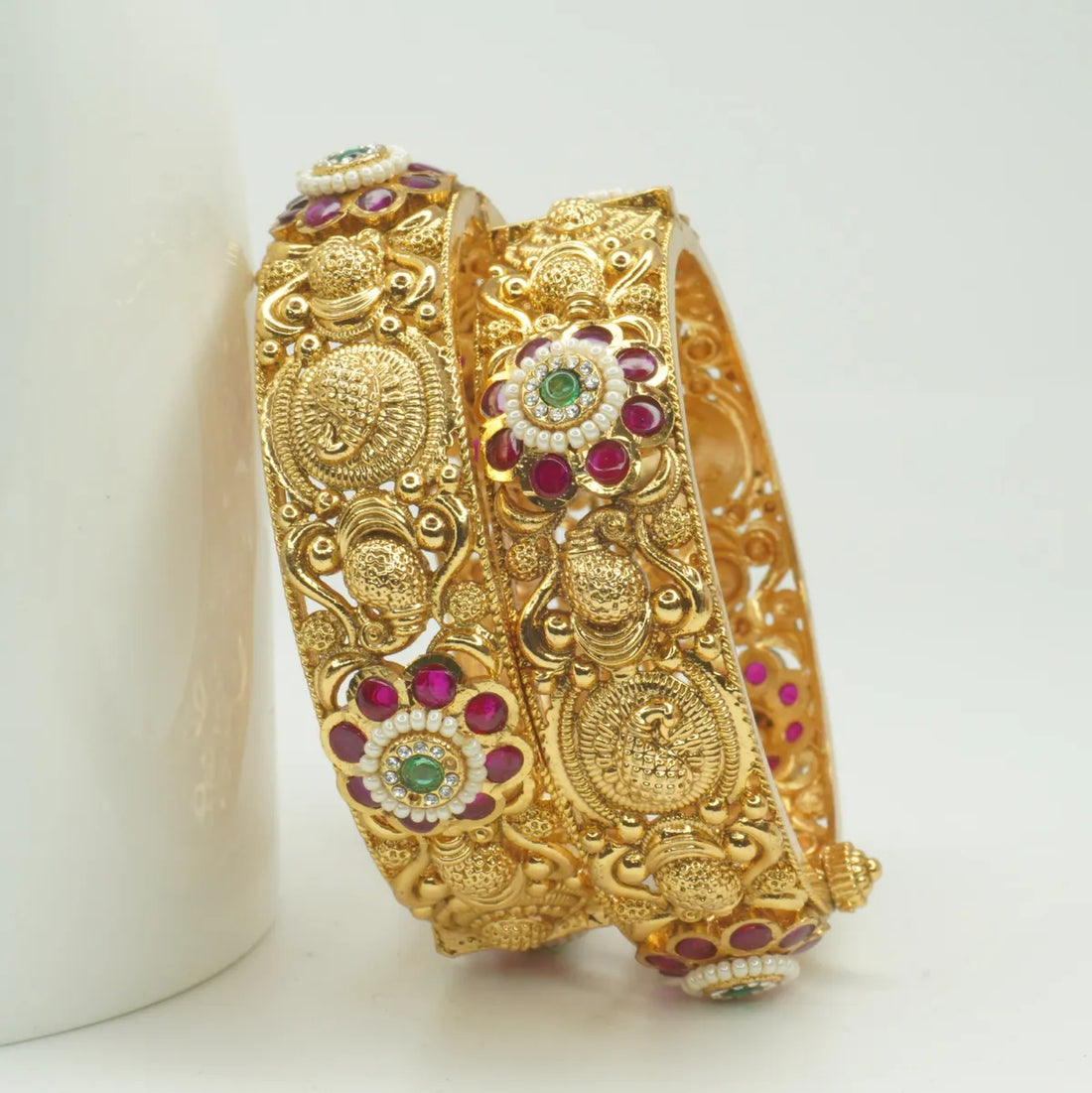 Gold Plated Temple Design Ruby Green Floral Bangles Set
