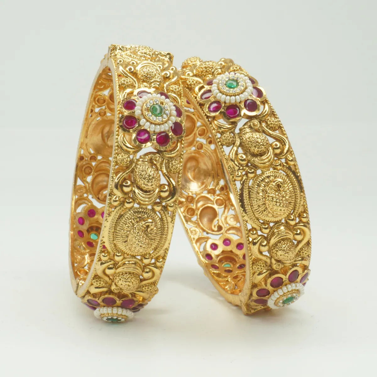 Gold Plated Temple Design Ruby Green Floral Bangles Set