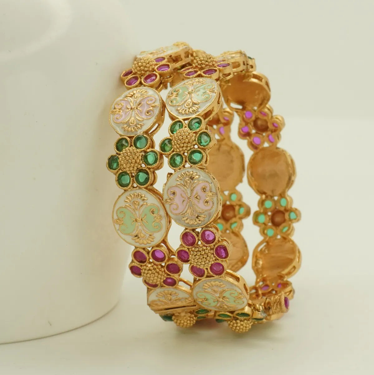 Antique Gold Plated Meenakari Floral Green and Pink Stone Designer Bangle Set