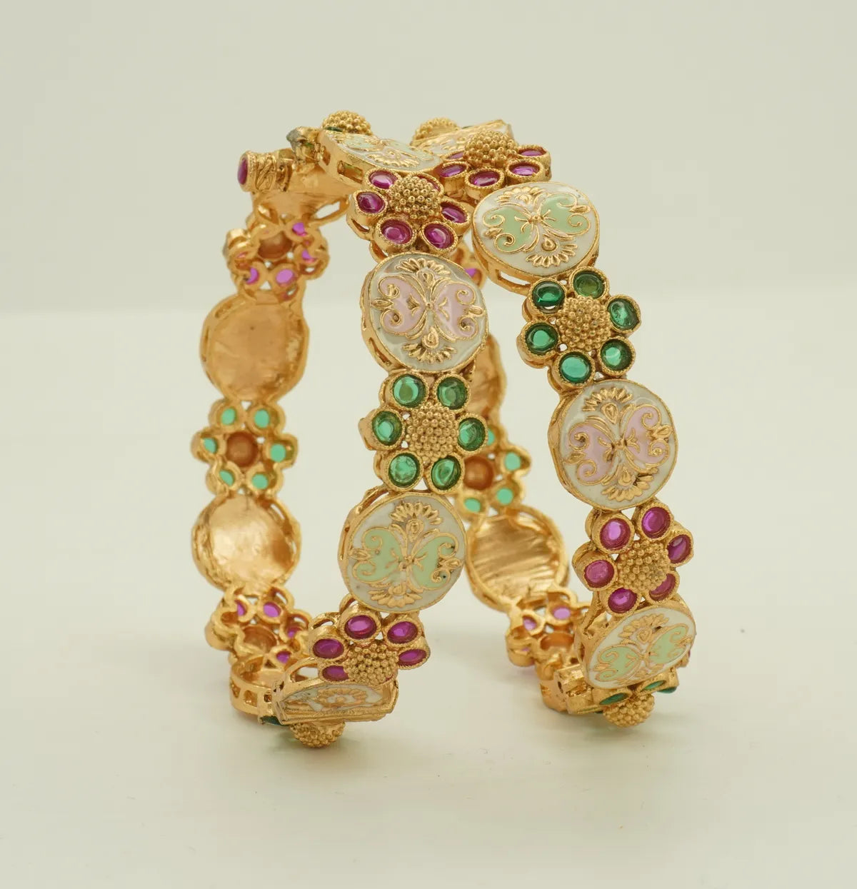 Antique Gold Plated Meenakari Floral Green and Pink Stone Designer Bangle Set