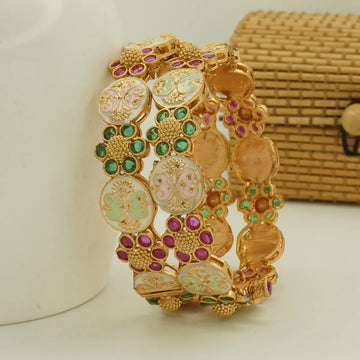 Antique Gold Plated Meenakari Floral Green and Pink Stone Designer Bangle Set