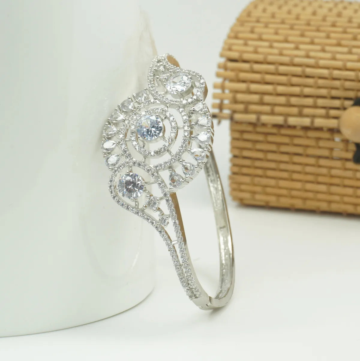 Panini Jewels Silver Plated Circular Crystal Cluster Designer Kada Bangle