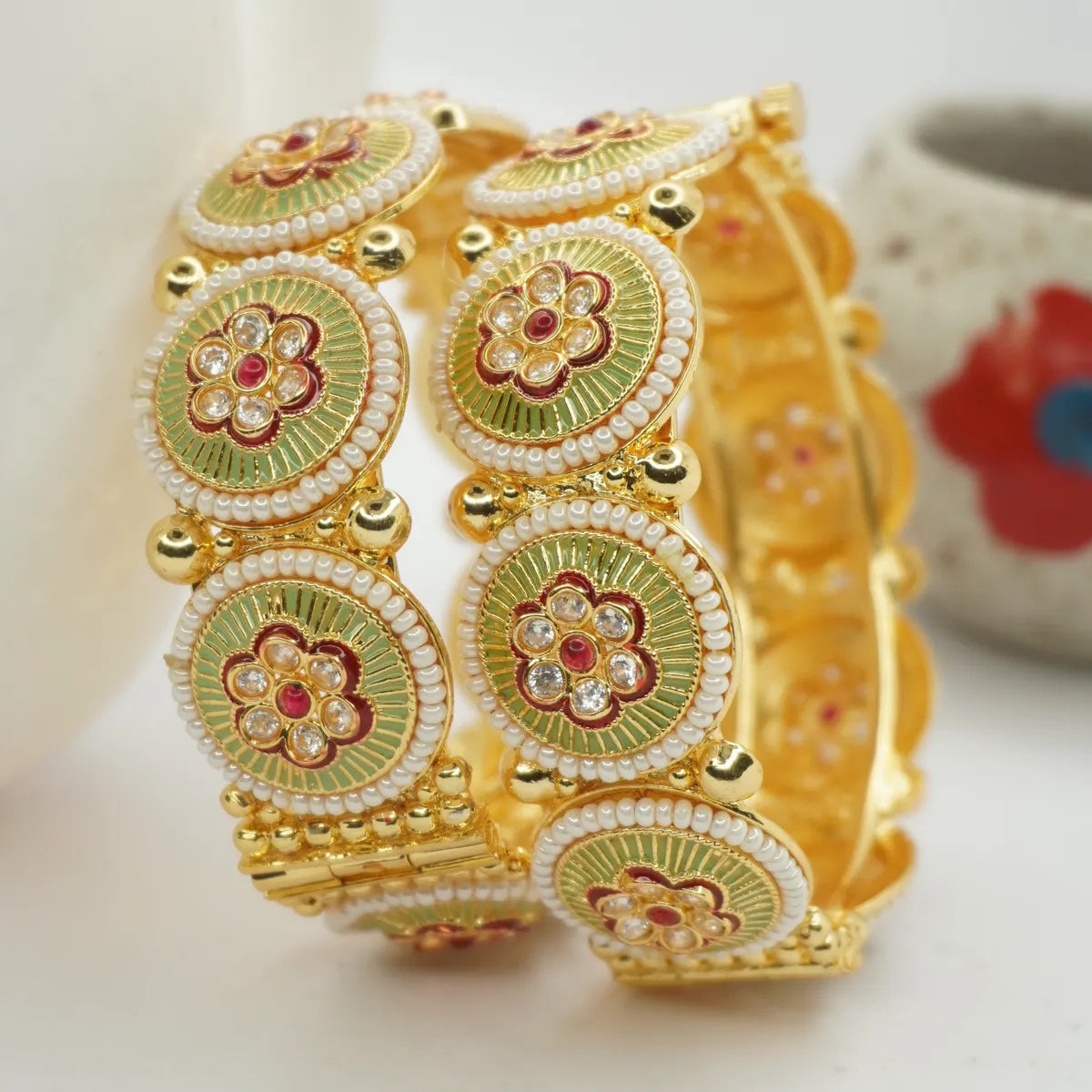 Gold-Plated Meenakari Floral Bangle with Pearl Bead Detailing