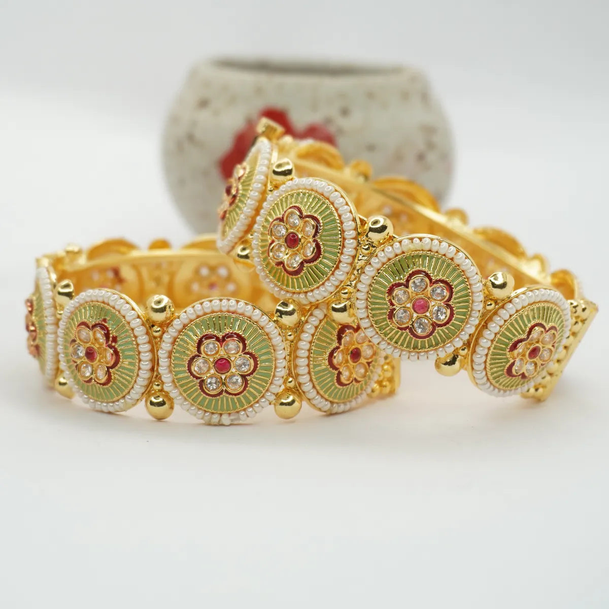 Gold-Plated Meenakari Floral Bangle with Pearl Bead Detailing