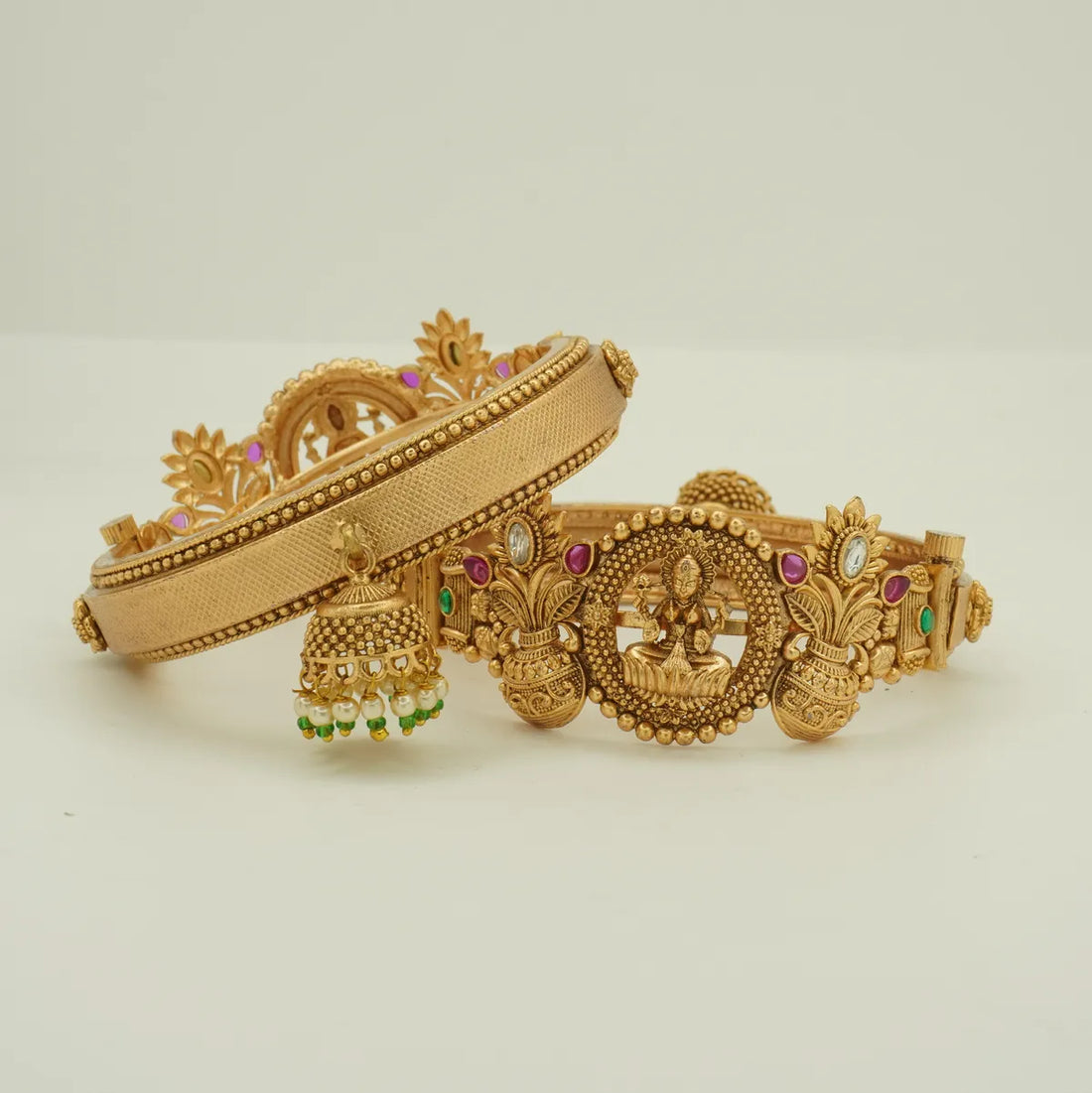 Antique Gold Plated Temple Lakshmi Motif Bridal Bangle Set with Jhumka Charm