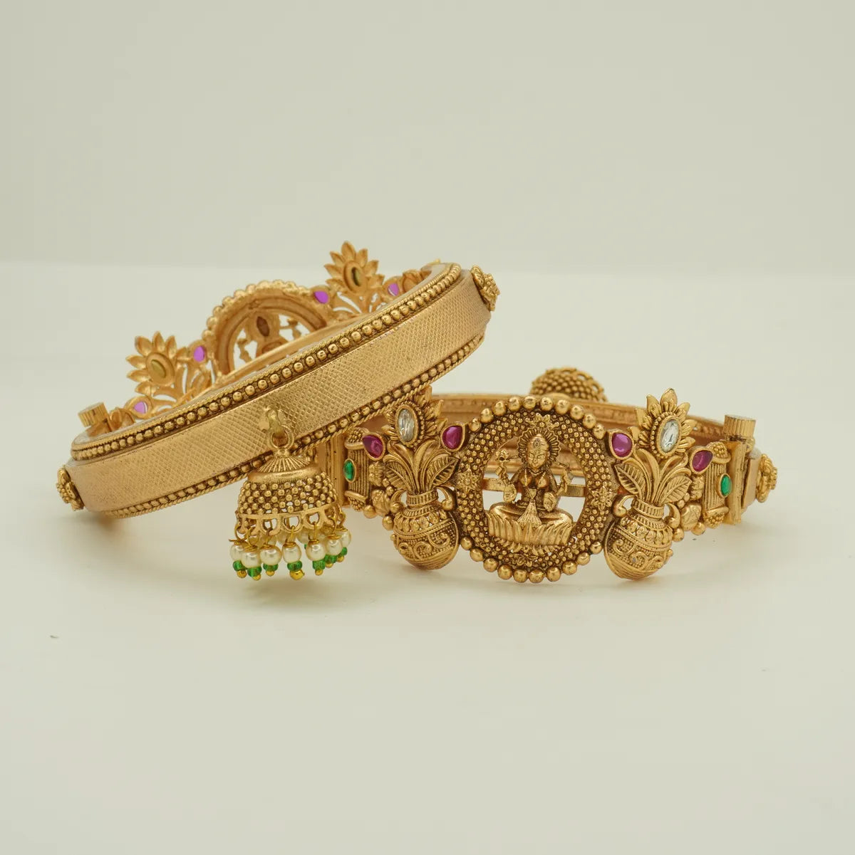 Antique Gold Plated Temple Lakshmi Motif Bridal Bangle Set with Jhumka Charm