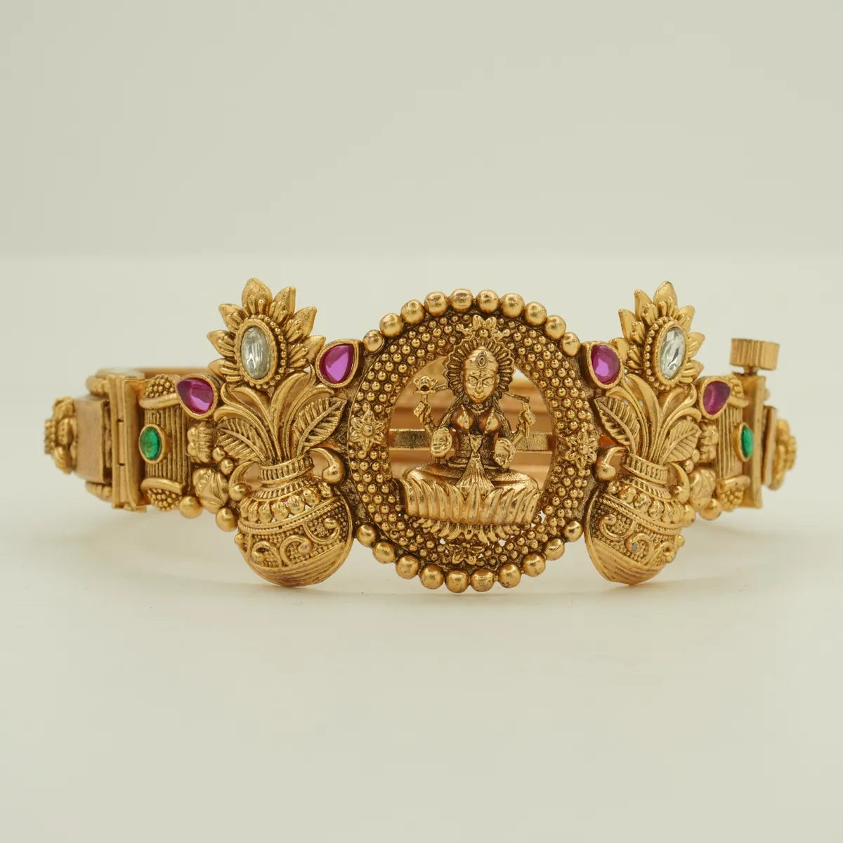 Antique Gold Plated Temple Lakshmi Motif Bridal Bangle Set with Jhumka Charm