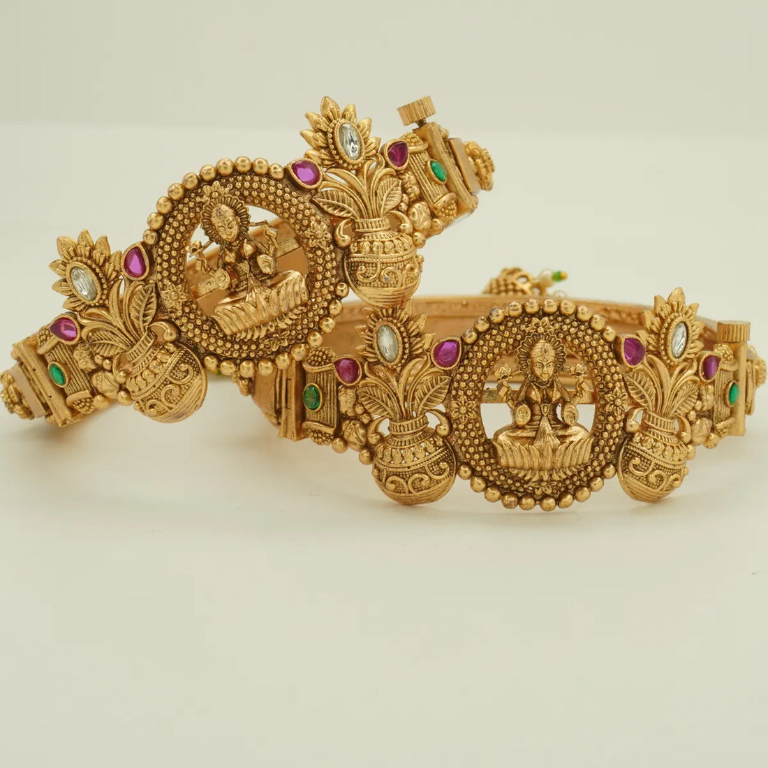 Antique Gold Plated Temple Lakshmi Motif Bridal Bangle Set with Jhumka Charm
