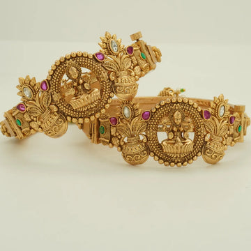 Antique Gold Plated Temple Lakshmi Motif Bridal Bangle Set with Jhumka Charm