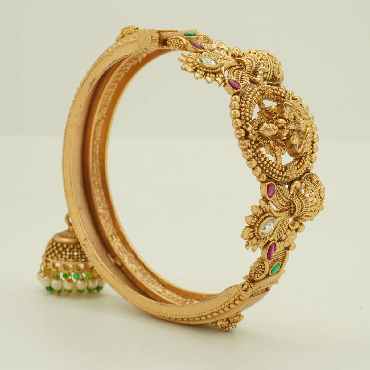 Antique Gold Plated Temple Lakshmi Motif Bridal Bangle Set with Jhumka Charm