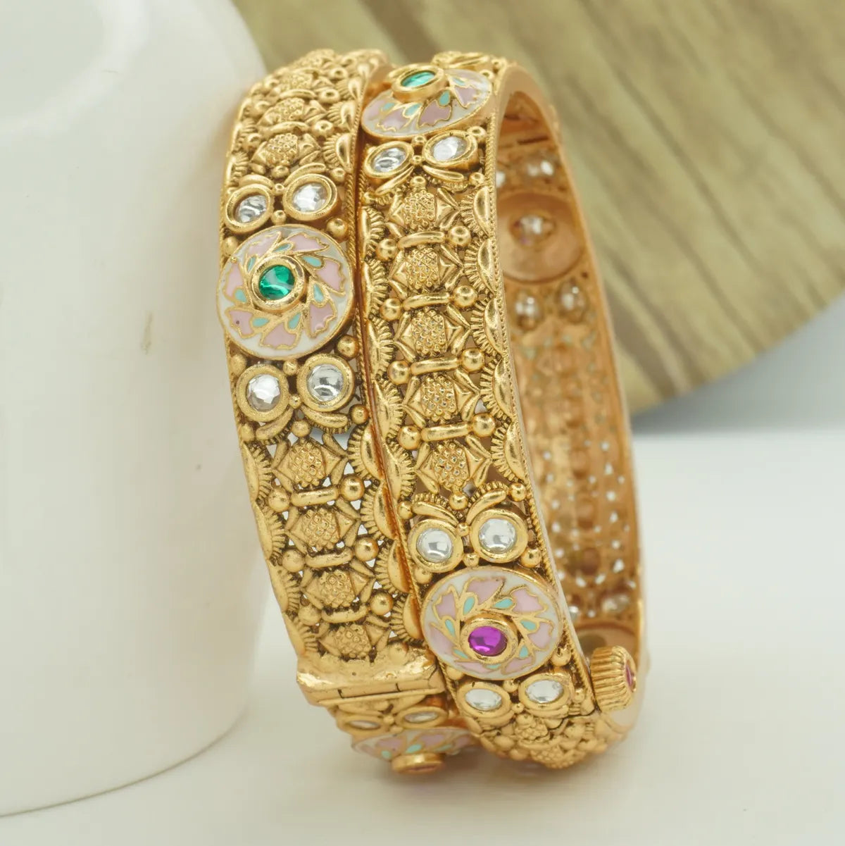 Antique Gold Plated Meenakari & White Stone Kada Bangle Pair for Women