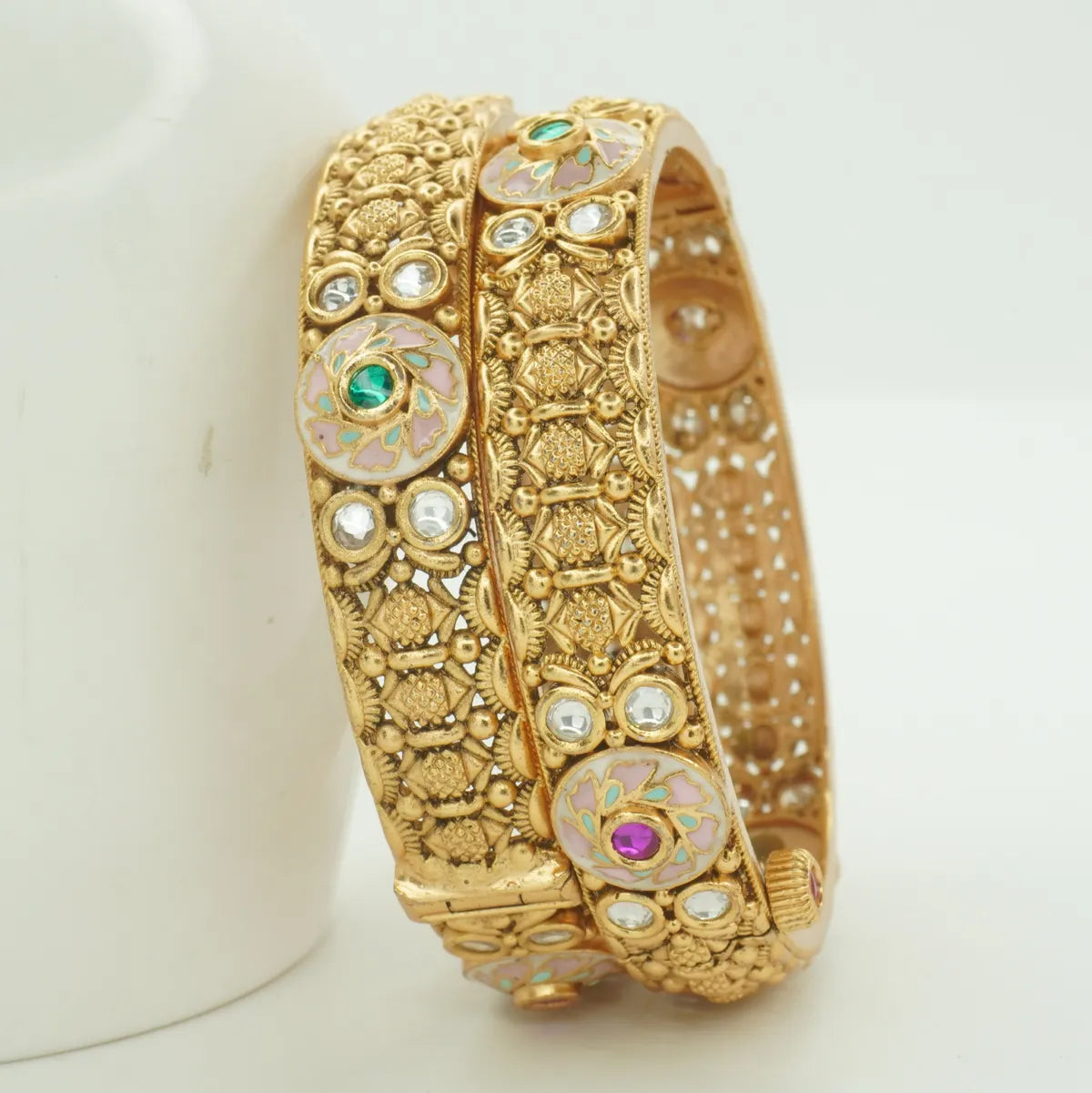 Antique Gold Plated Meenakari & White Stone Kada Bangle Pair for Women