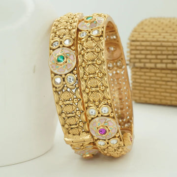 Antique Gold Plated Meenakari & White Stone Kada Bangle Pair for Women