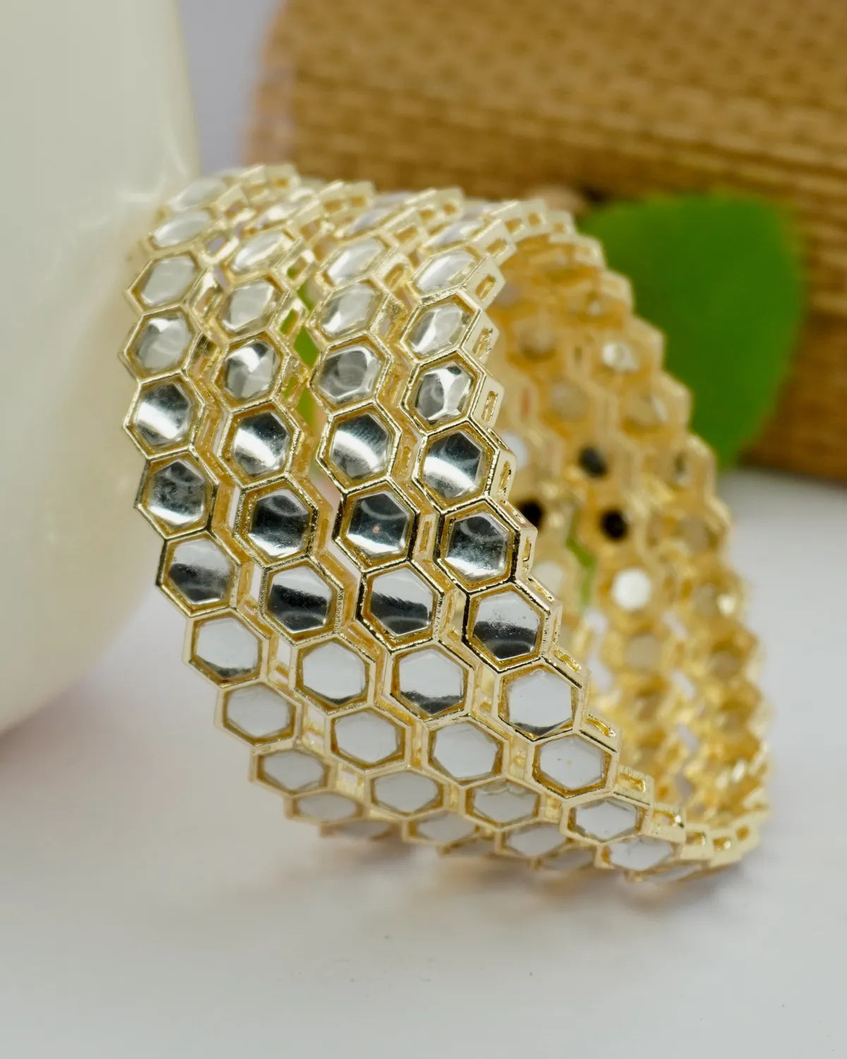 Gold-Plated Hexagon Mirror Work Designer Bangle Set for Women