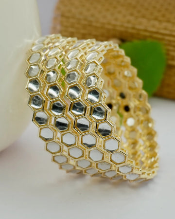 Gold-Plated Hexagon Mirror Work Designer Bangle Set for Women