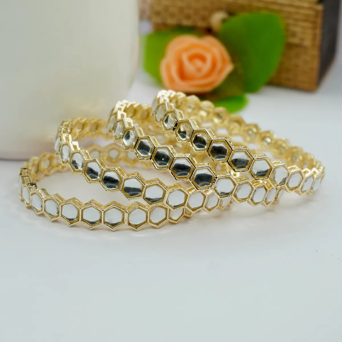 Gold-Plated Hexagon Mirror Work Designer Bangle Set for Women