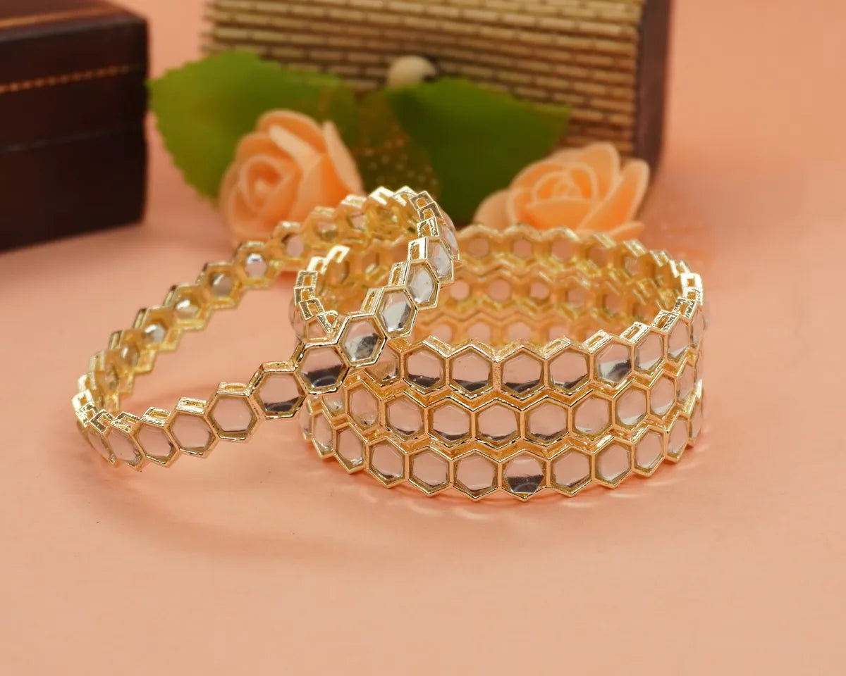 Gold-Plated Hexagon Mirror Work Designer Bangle Set for Women