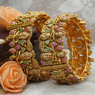 Krishna Bhagwan Themed Designer Copper Bangles Set