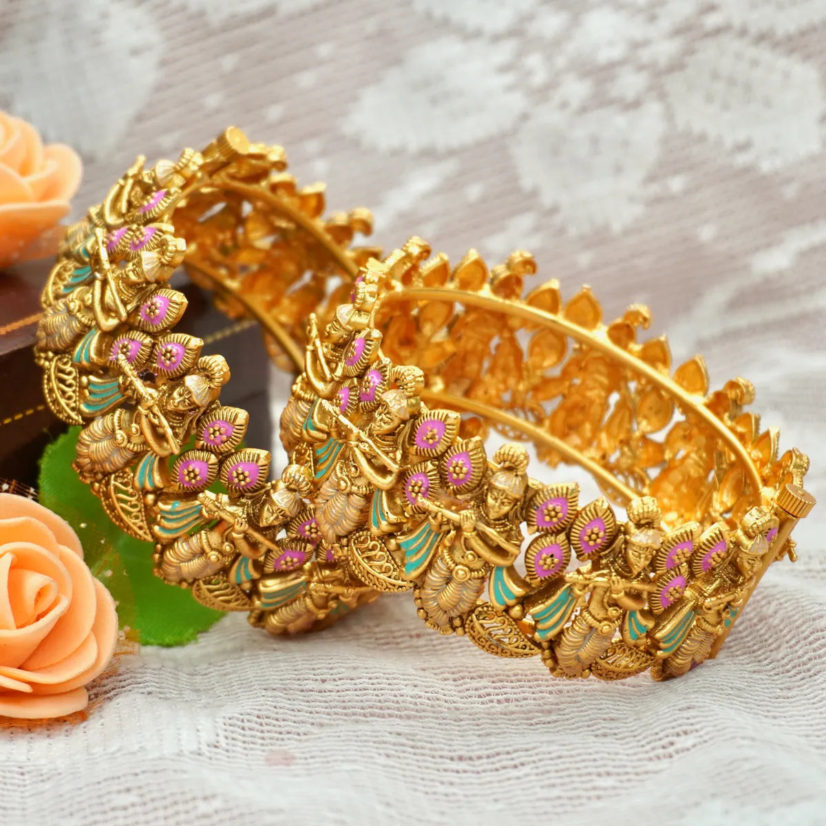 Krishna Bhagwan Themed Designer Copper Bangles Set