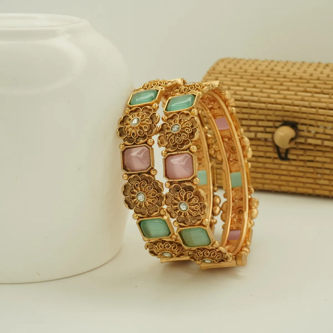 Antique Gold Plated Pastel Stone Floral Designer Bangle Set for Women