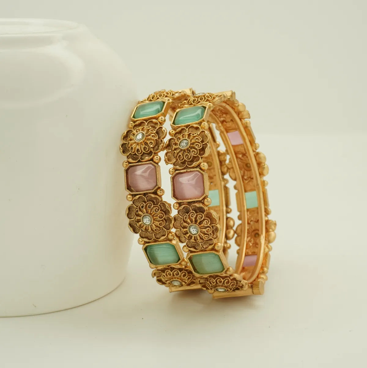 Antique Gold Plated Pastel Stone Floral Designer Bangle Set for Women