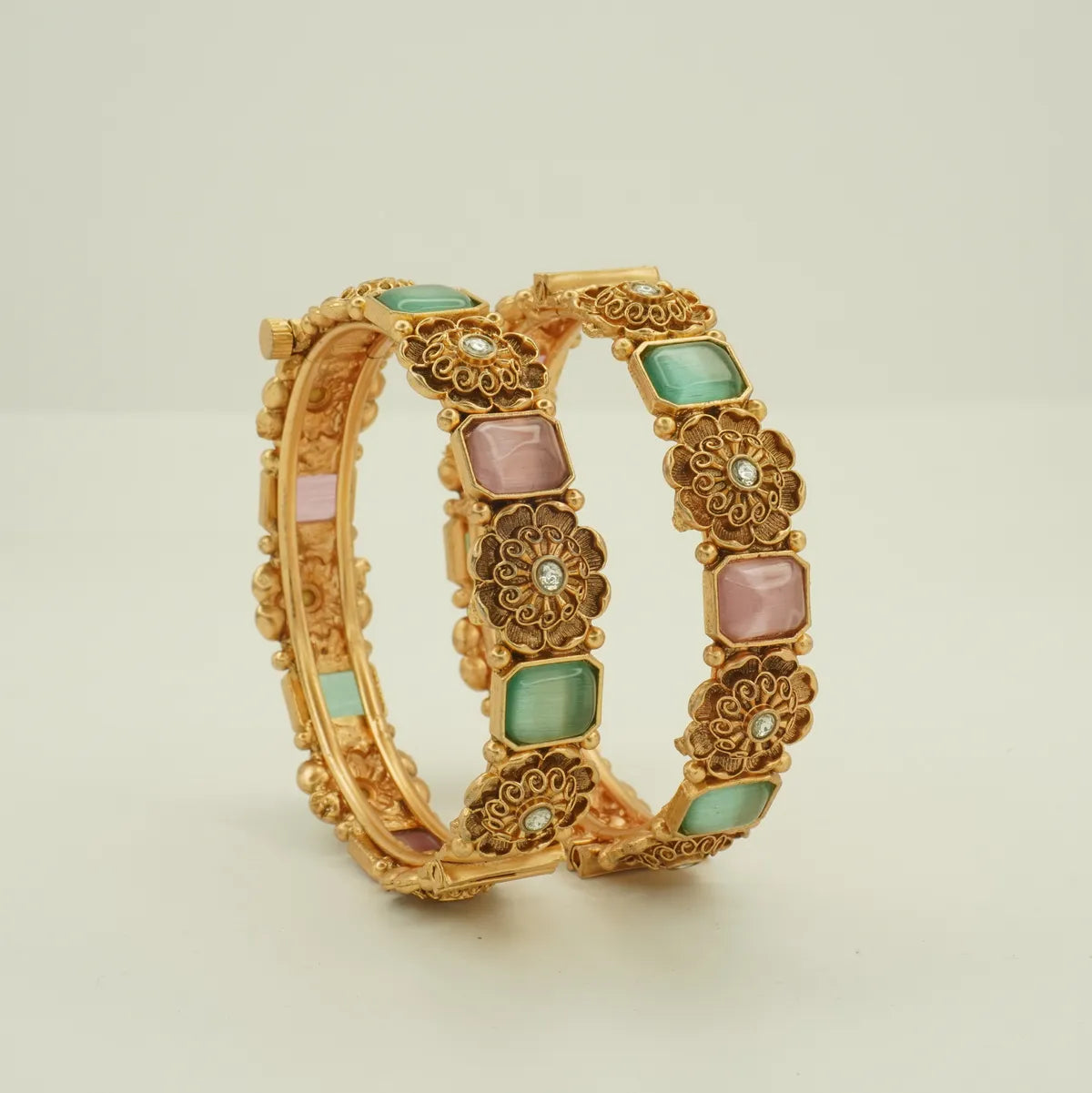 Antique Gold Plated Pastel Stone Floral Designer Bangle Set for Women