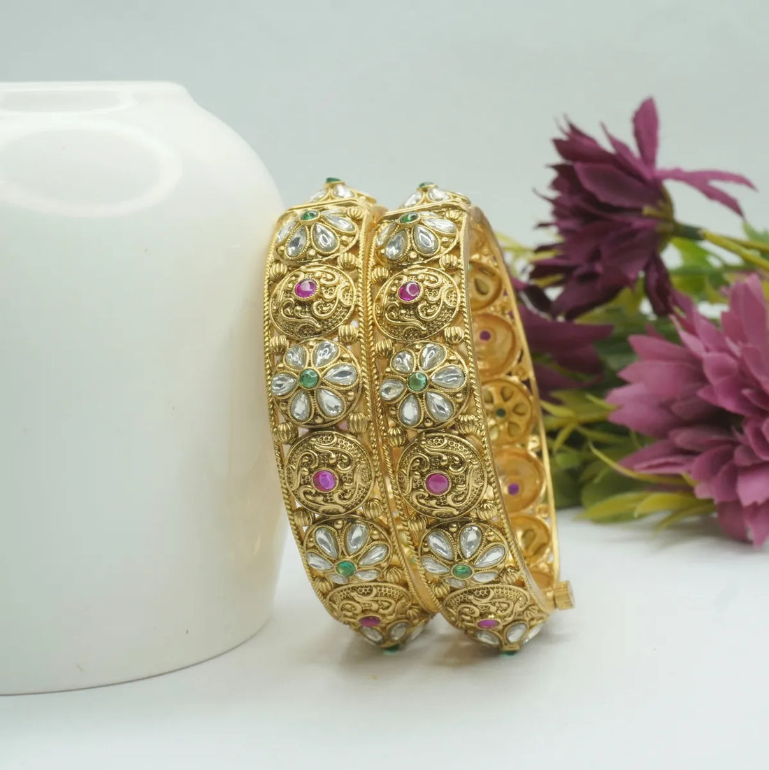 Gold-Plated Kundan Floral Antique Bangles with Green & Pink Stones for Women