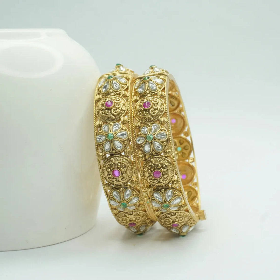 Gold-Plated Kundan Floral Antique Bangles with Green & Pink Stones for Women
