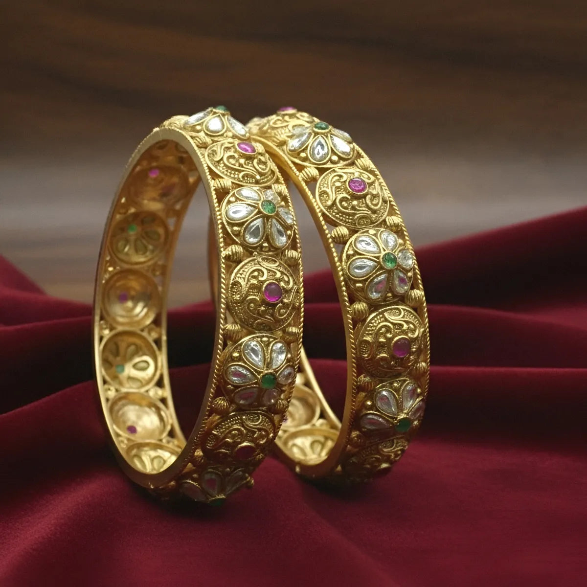 Gold-Plated Kundan Floral Antique Bangles with Green & Pink Stones for Women