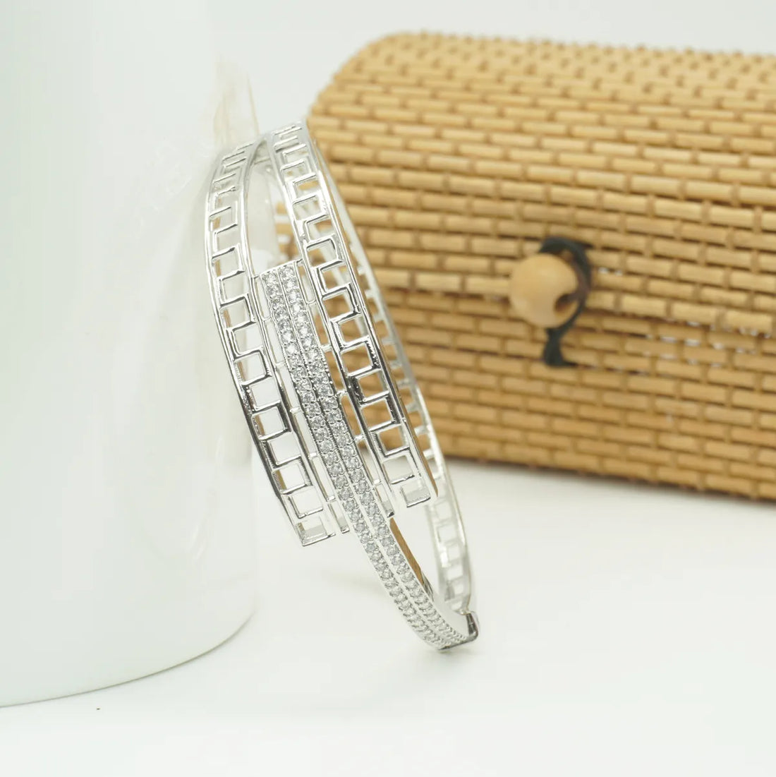 Panini Jewels Silver Plated Geometric Crystal Strip Designer Kada Bangle