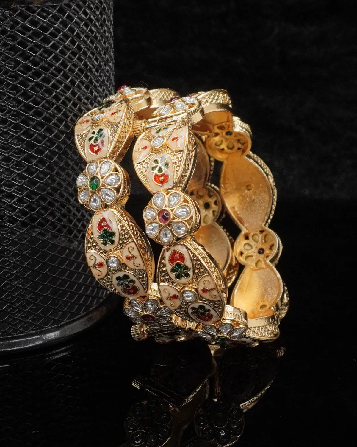 Gold-Plated Multicolour Kundan Floral Enamel Bangle Set