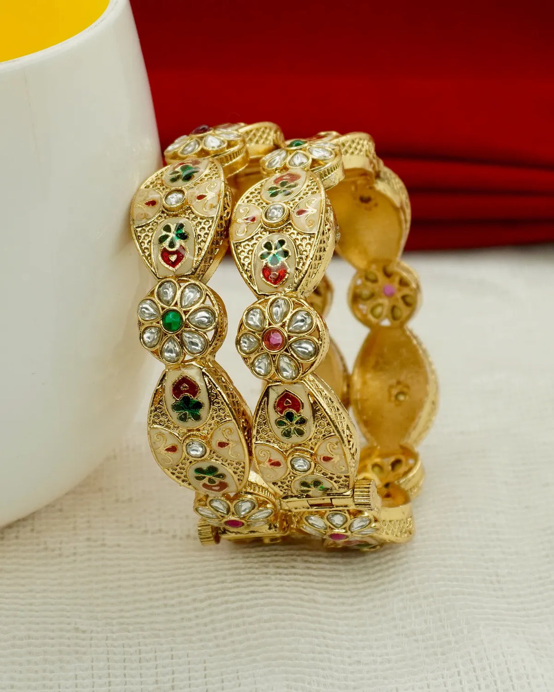 Gold-Plated Multicolour Kundan Floral Enamel Bangle Set
