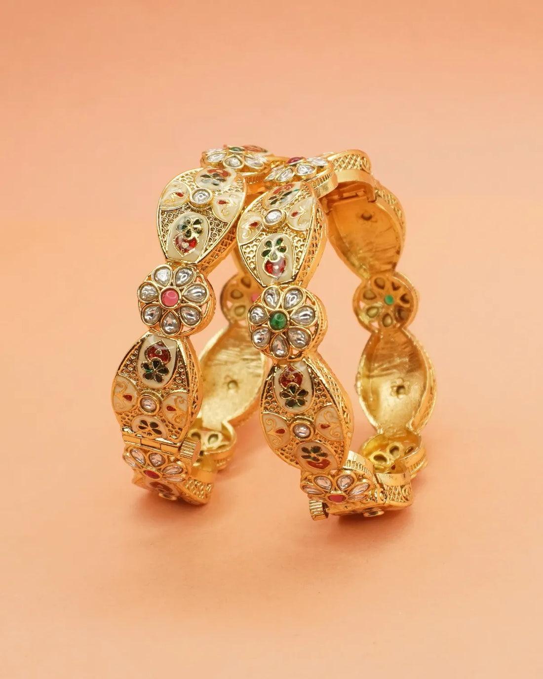 Gold-Plated Multicolour Kundan Floral Enamel Bangle Set