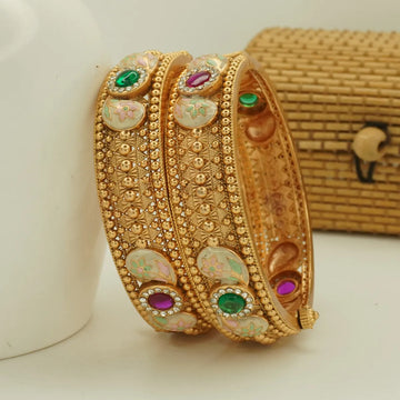 Antique Gold Plated Meenakari Floral Green and Pink Stone Bridal Bangle Set