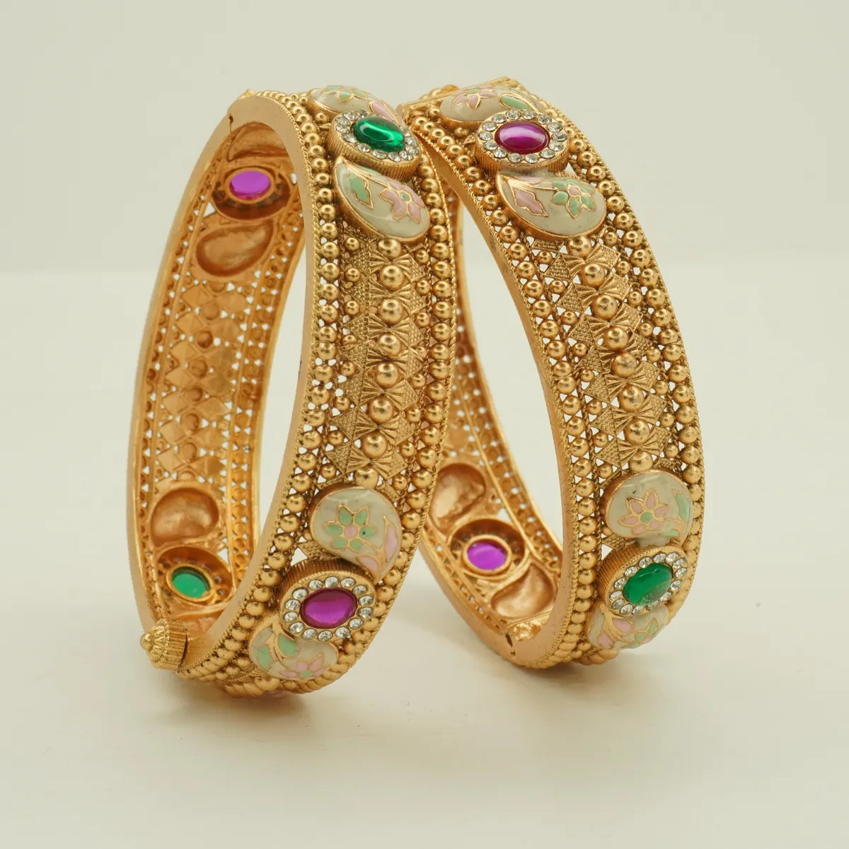 Antique Gold Plated Meenakari Floral Green and Pink Stone Bridal Bangle Set
