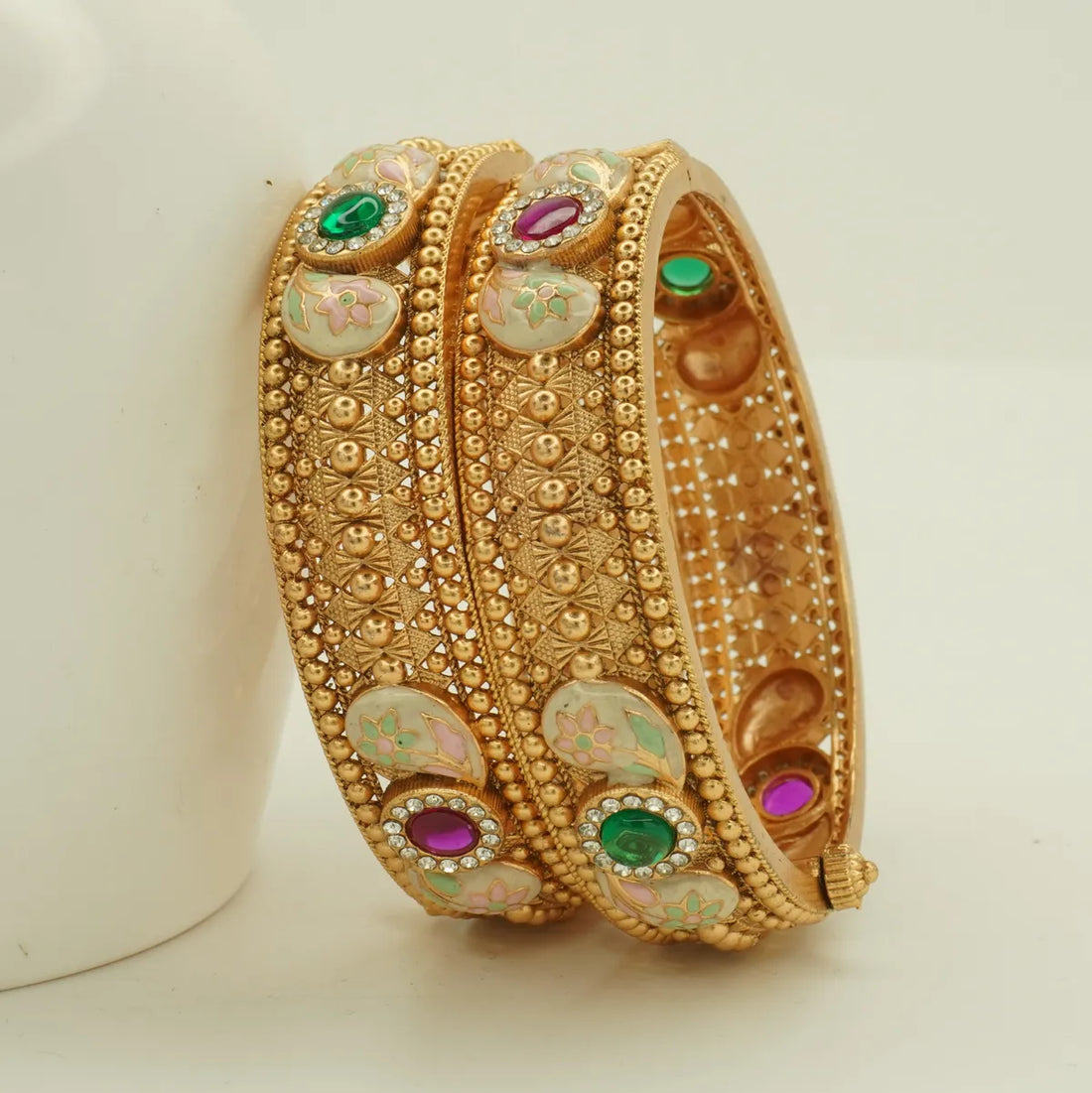 Antique Gold Plated Meenakari Floral Green and Pink Stone Bridal Bangle Set