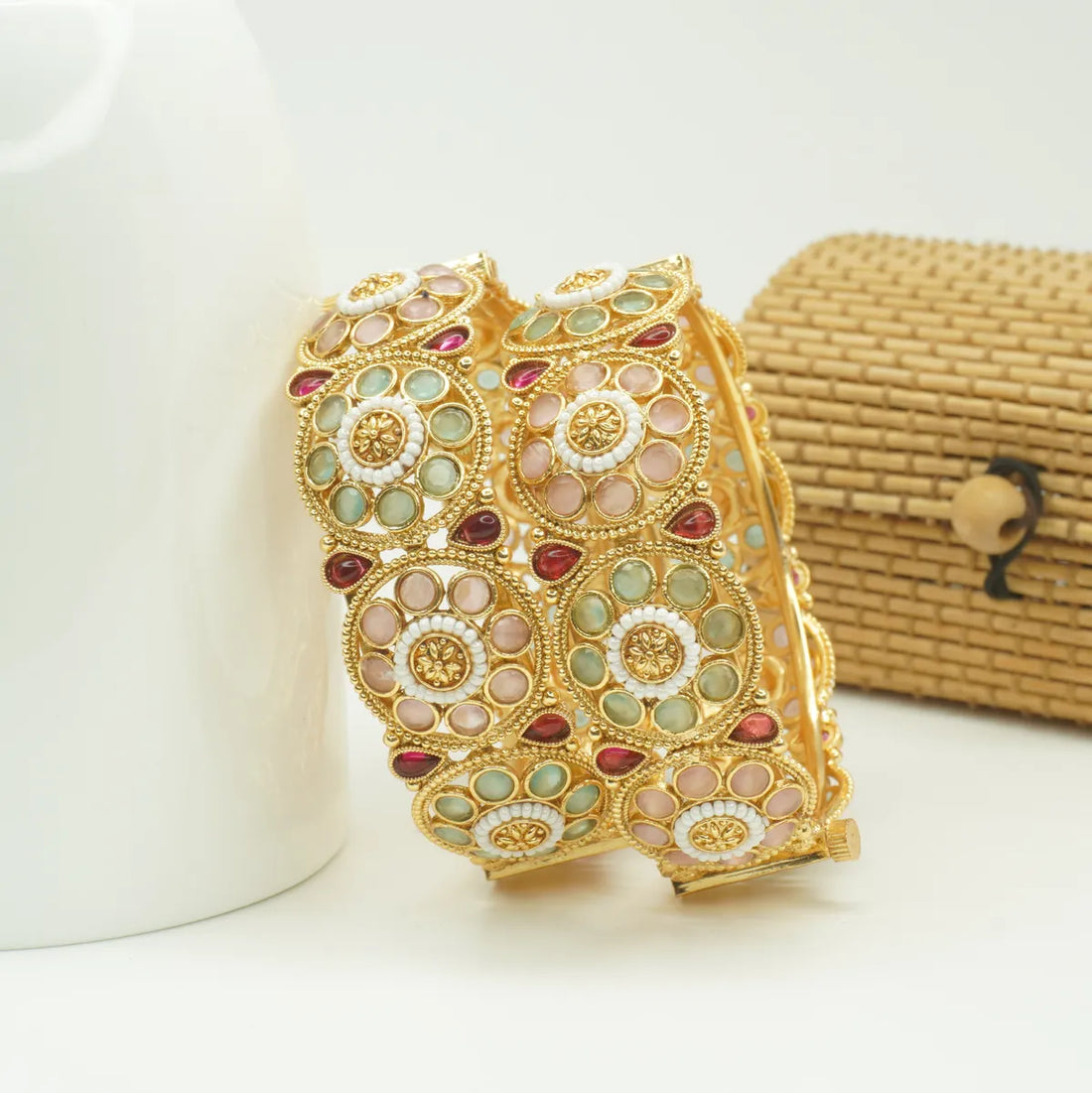 Panini Jewels Gold Plated Multicolor Kundan Broad Kada Bangles