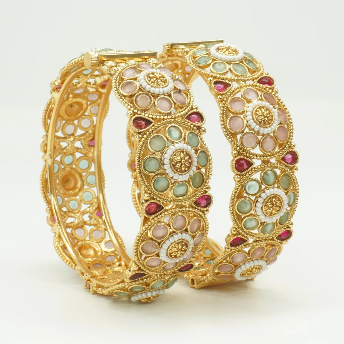 Panini Jewels Gold Plated Multicolor Kundan Broad Kada Bangles