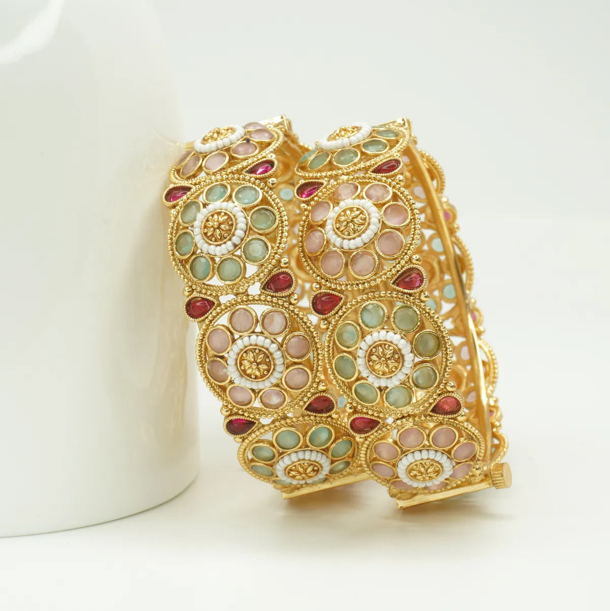 Panini Jewels Gold Plated Multicolor Kundan Broad Kada Bangles